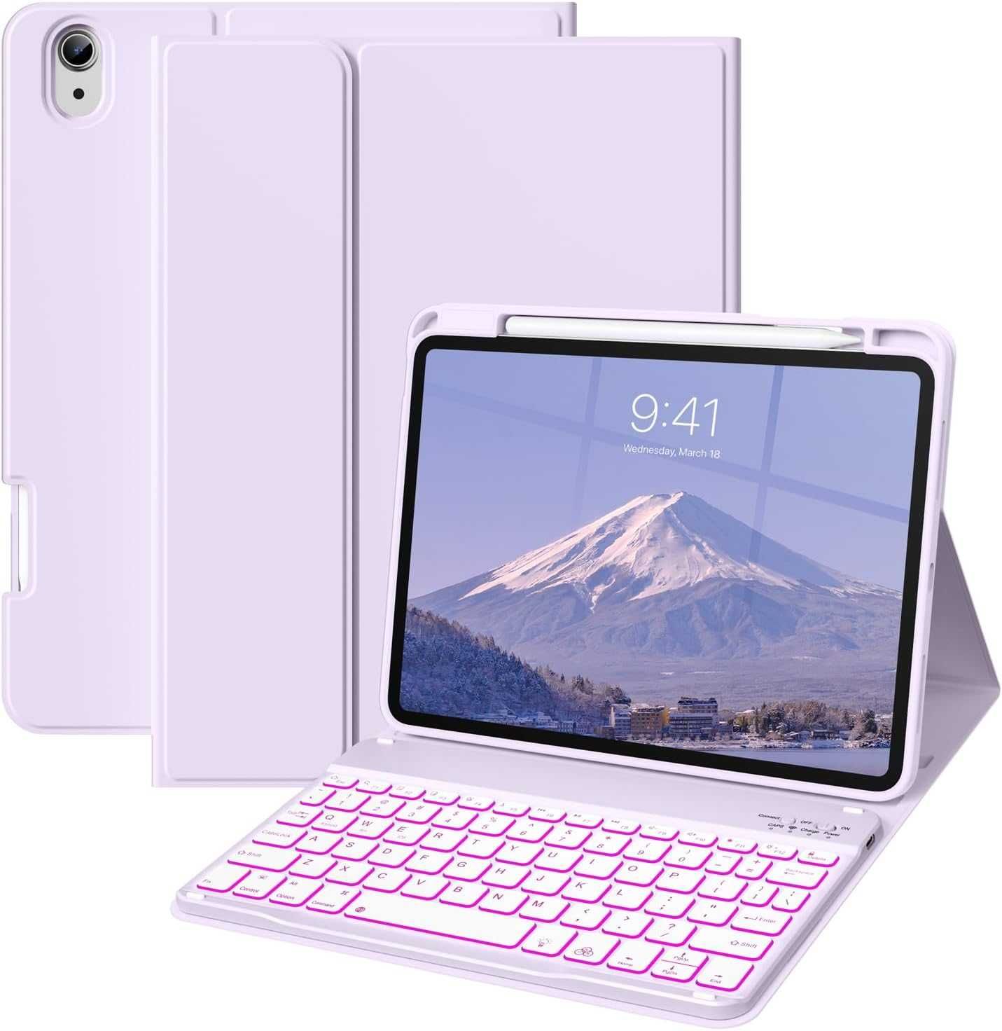 Калъф BQDIYOO с клавиатура за iPad 10 10,9 инча, 7 подсветка, лилав