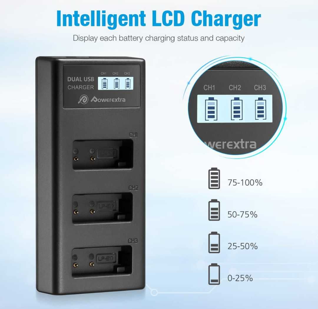 Батерии Powerextra LP-E17 3 бр. 1450mAh със зарядно 3 слота за Canon