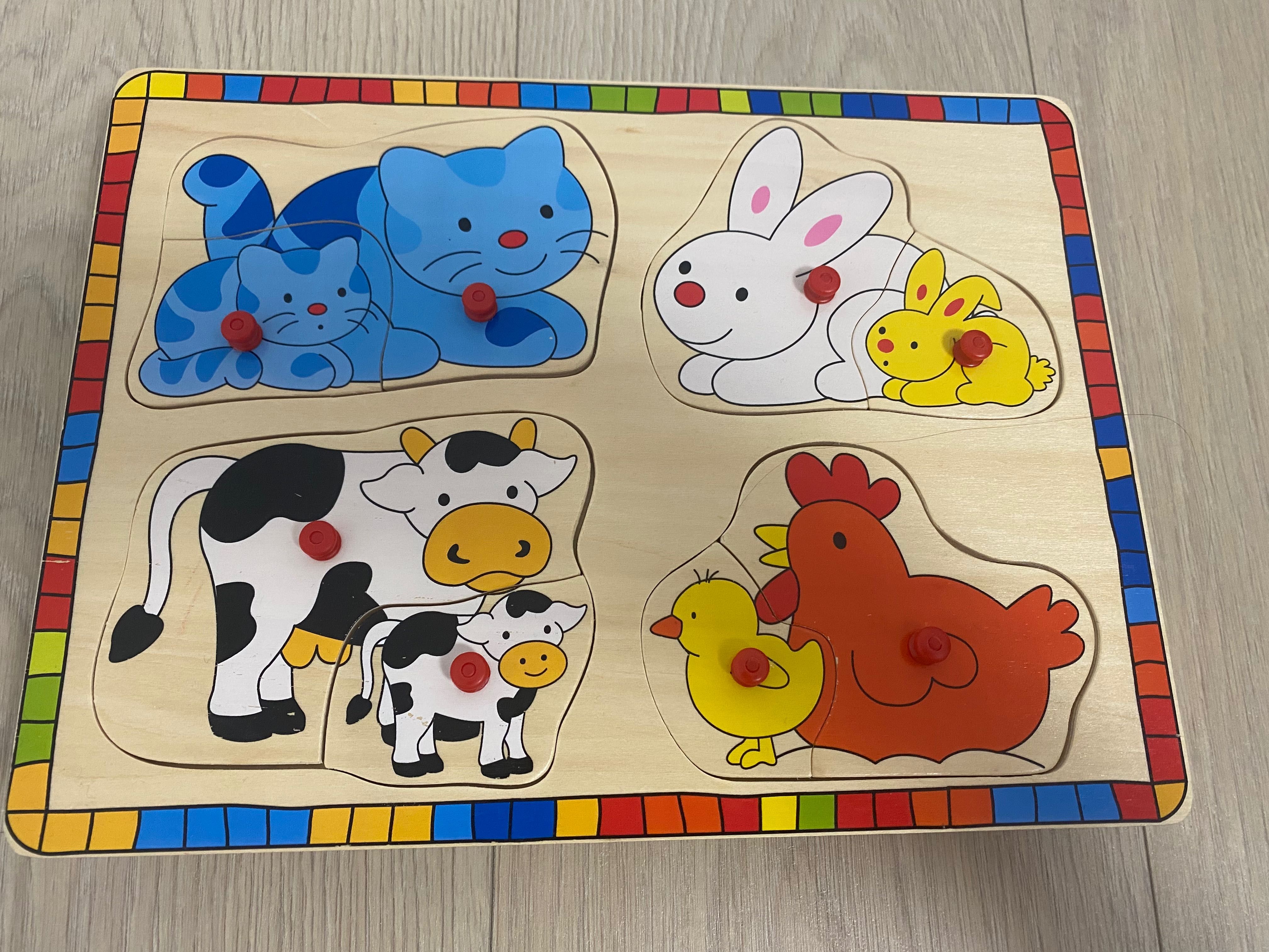 Vând puzzle lemn cu maner/buton fructe, masini și animale ,