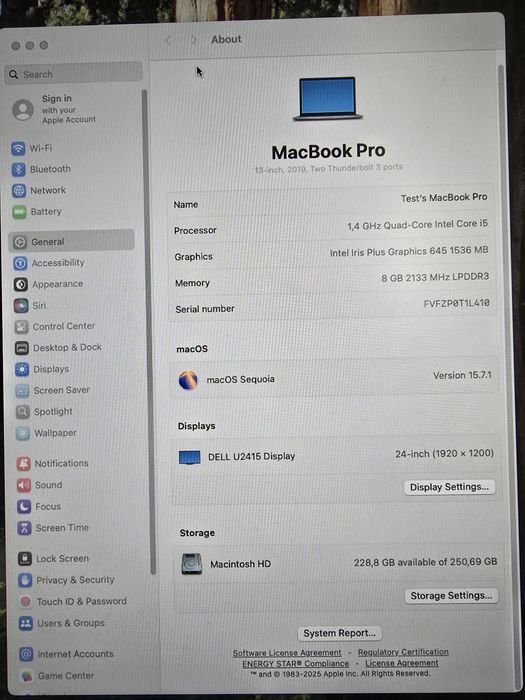Продавам Macbook Pro 13 2019 8GB SSD 128GB