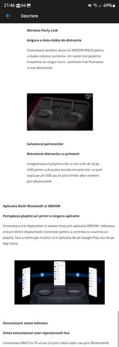 2 bucati Sistem audio LG XBOOM RNC9, Bluetooth, Radio FM, Karaoke, Wi