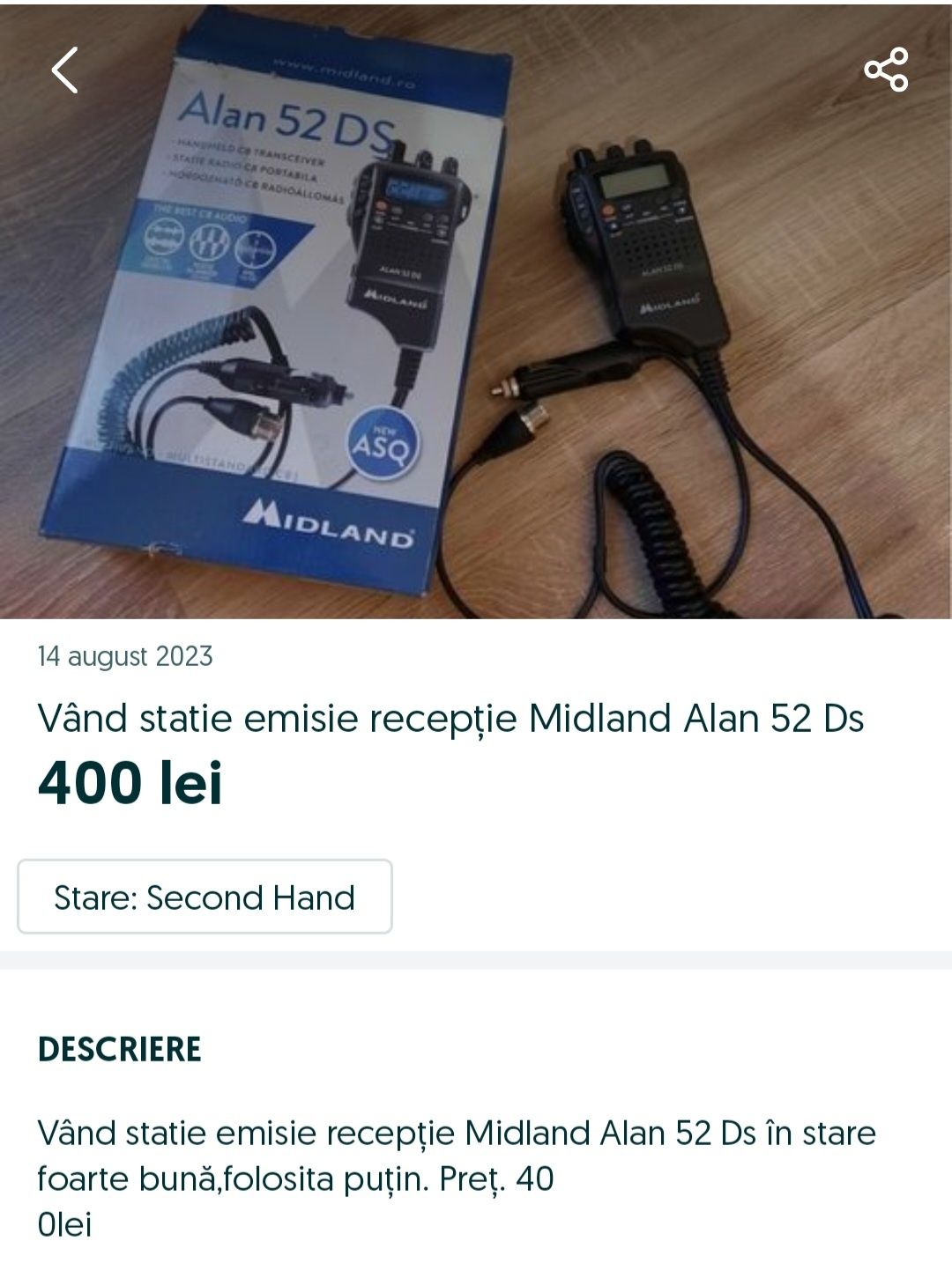 Vând statie emisie recepție Midland Alan 52 Ds