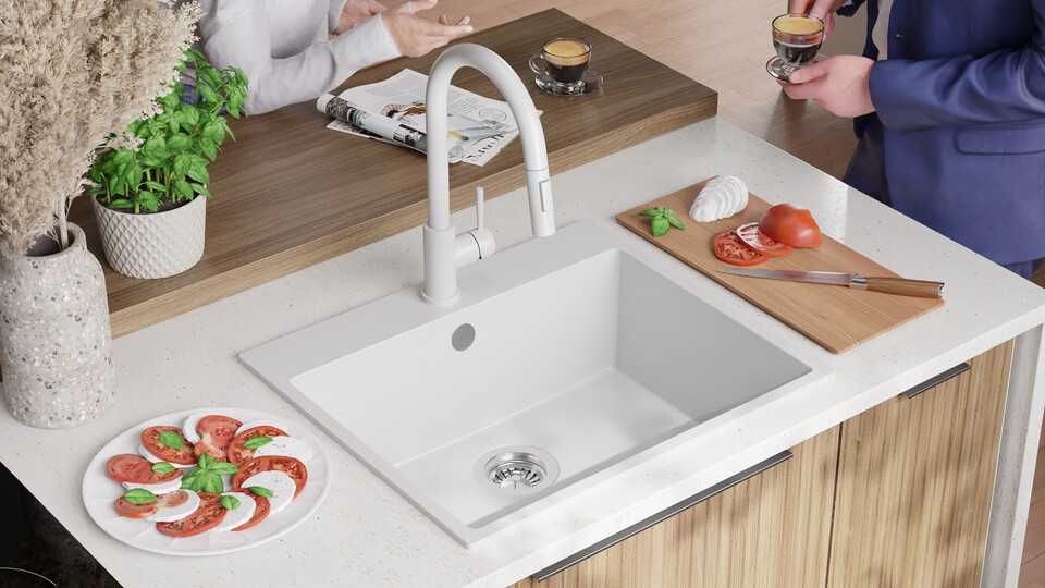 Бяла Кухненска Мивка от гранит модел Рига 60 XL 580 x 500 мм