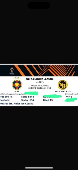 vand 2 bilete FCSB-YOUNG BOYS VIP 1