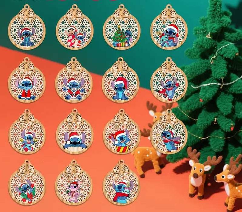 Коледна декорация Stitch/Стич –дървени топки, коледни чорапи и стикери