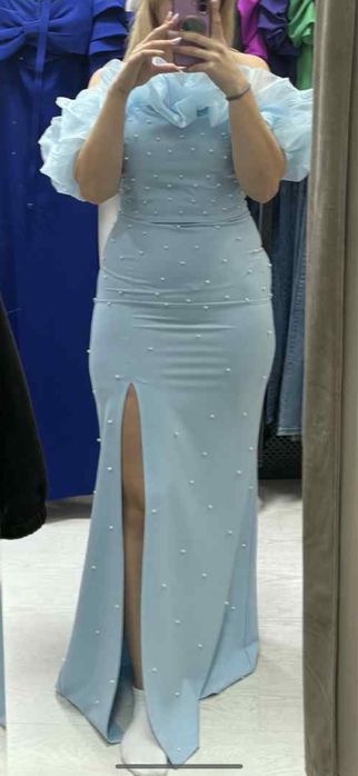 Rochie elegantă bleu cu perle – NOUĂ, doar probată