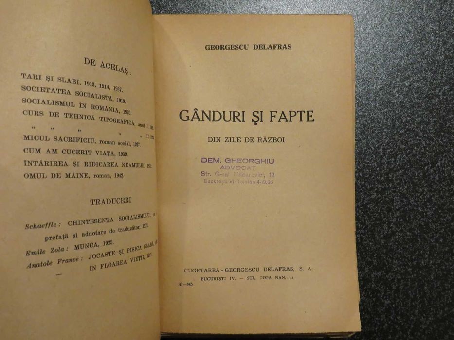 Ganduri si fapte din zile de razboi  Georgescu Delafras  1945
