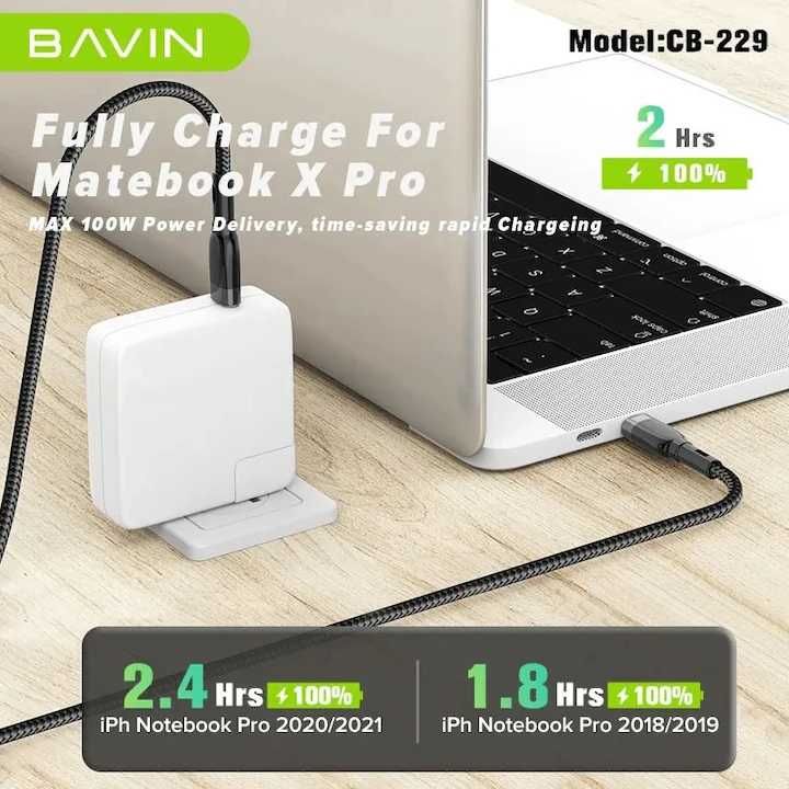 Cablu  date si incarcare rapida Bavin CB229 USB-C la USB-C, 100W,1, 5m