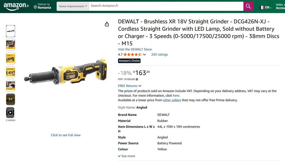 Polizor drept fără perii DEWALT- XR 18V - DCG426N-XJ