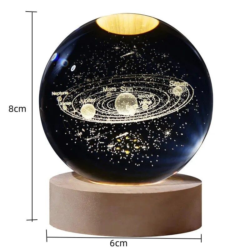Glob de cristal real Sistemul Solar. Lampă de veghe USB cu baza de lem