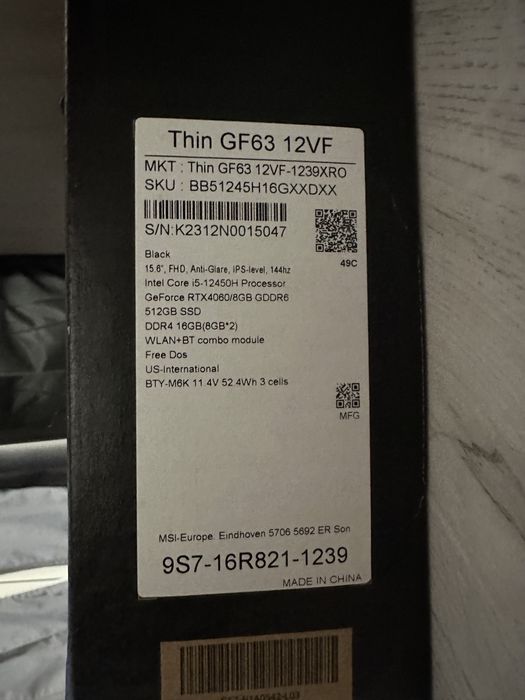 Laptop Gaming MSI Thin , RTX 4060 , I5 , Nou , Garantie 12 luni