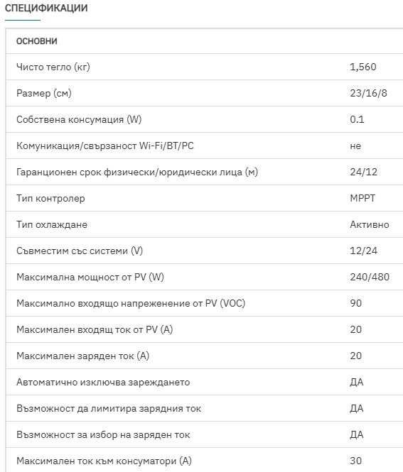 20А Соларен MPPT контролер 12/24V с контрол на зарядния ток