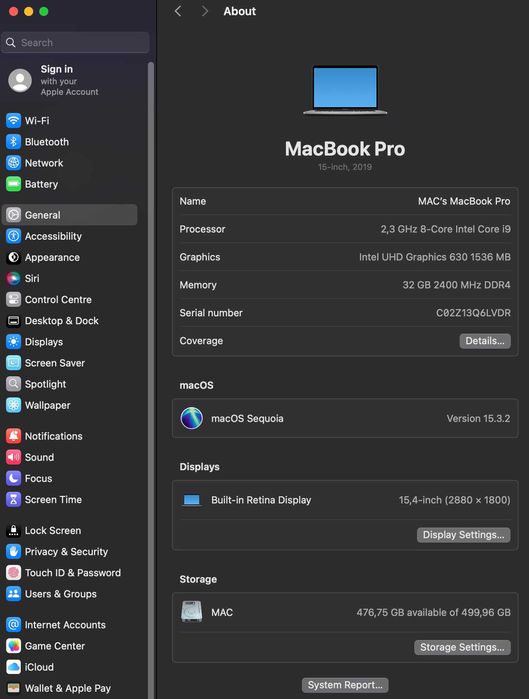 MacBook Pro Retina i9/32GB Ram/512 SSD/ RadeonPro 560X 4GB A1990 2019