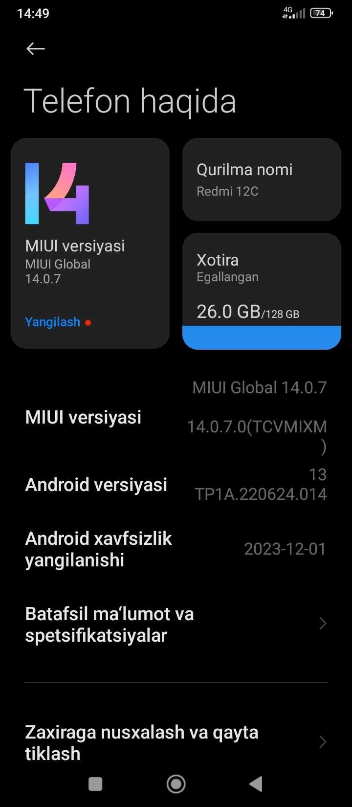 Redmi12c 128lik karobka bor