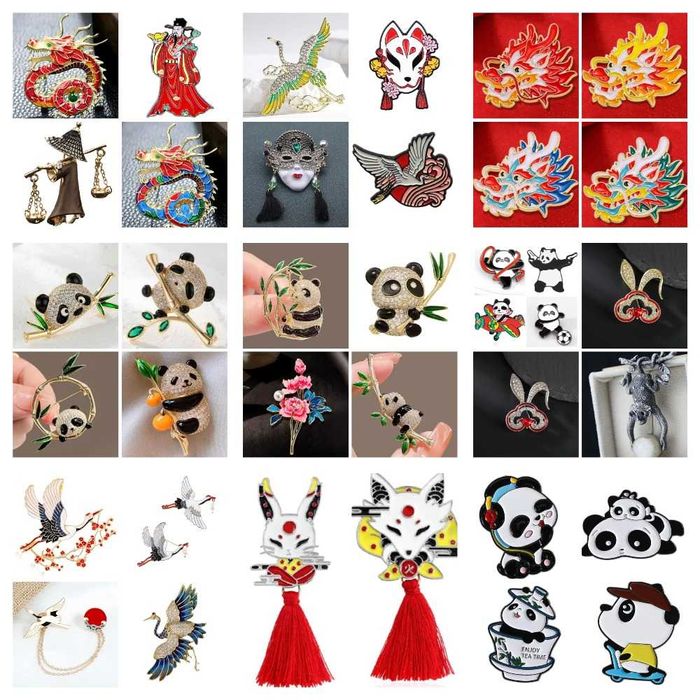 Брошь/значки в китайском стиле. Панда, Дракон, Маски, Люди, Птицы