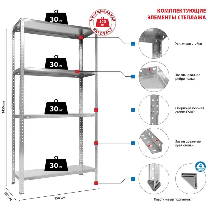 Стеллаж ES 150KD/75Х30/4 оцинкованный