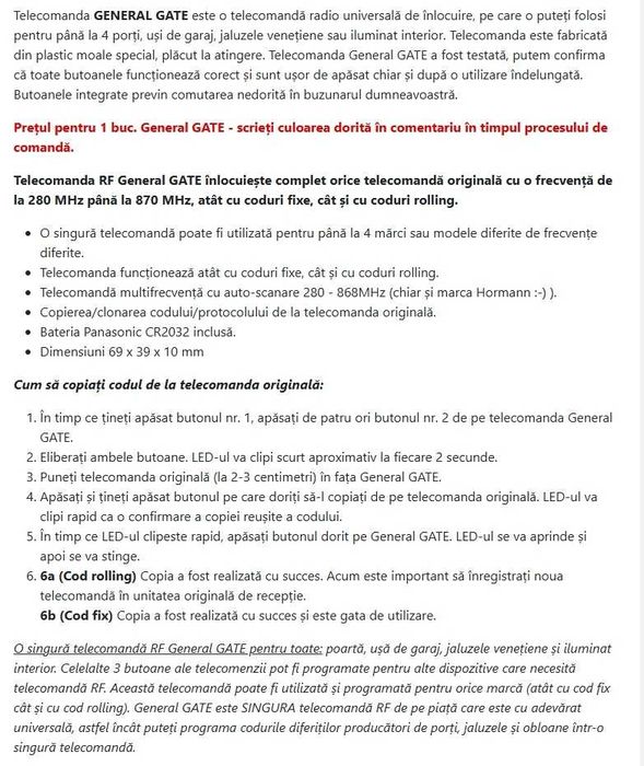 Telecomanda general GATE remote universala intre 280-870 MHZ