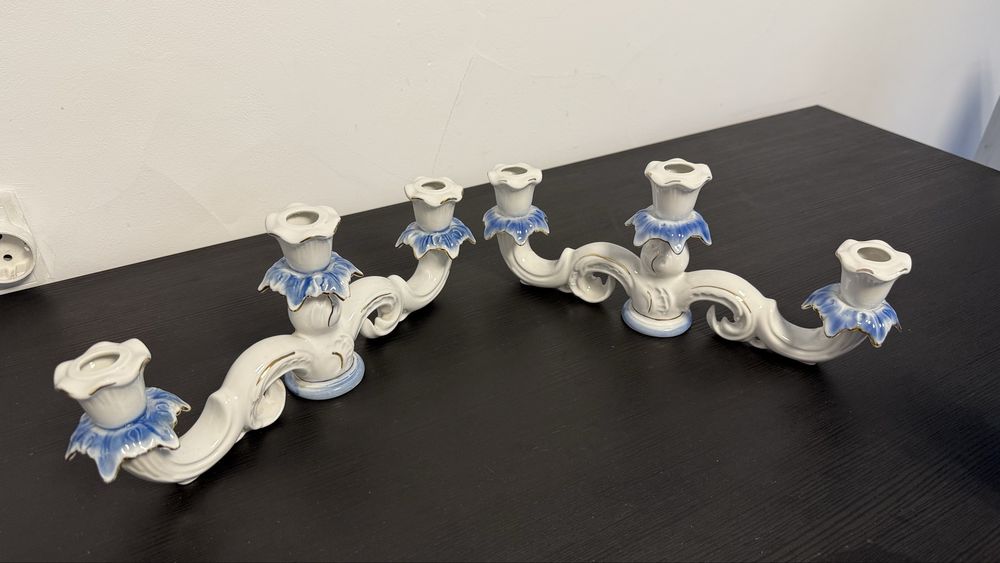 Suport lumanari din portelan albastru / stesnic vintage