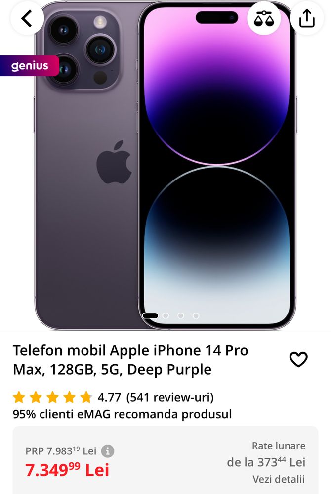 iPhone 14 Pro Max, 128GB, 5G, Deep Purple, ca nou, baterie 100%