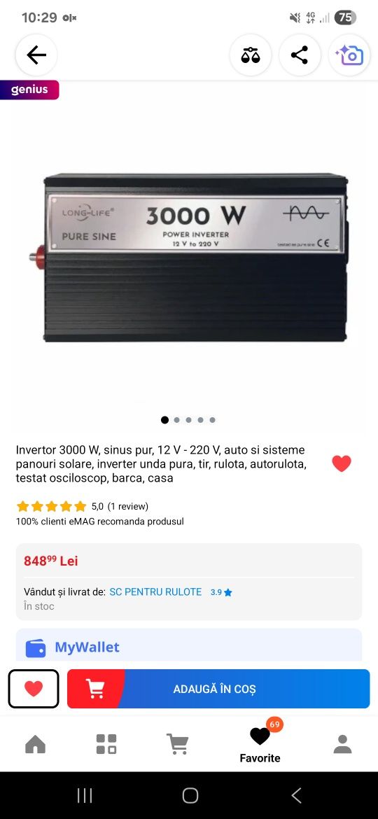Invertor auto Sinus Pure 300w 12v.