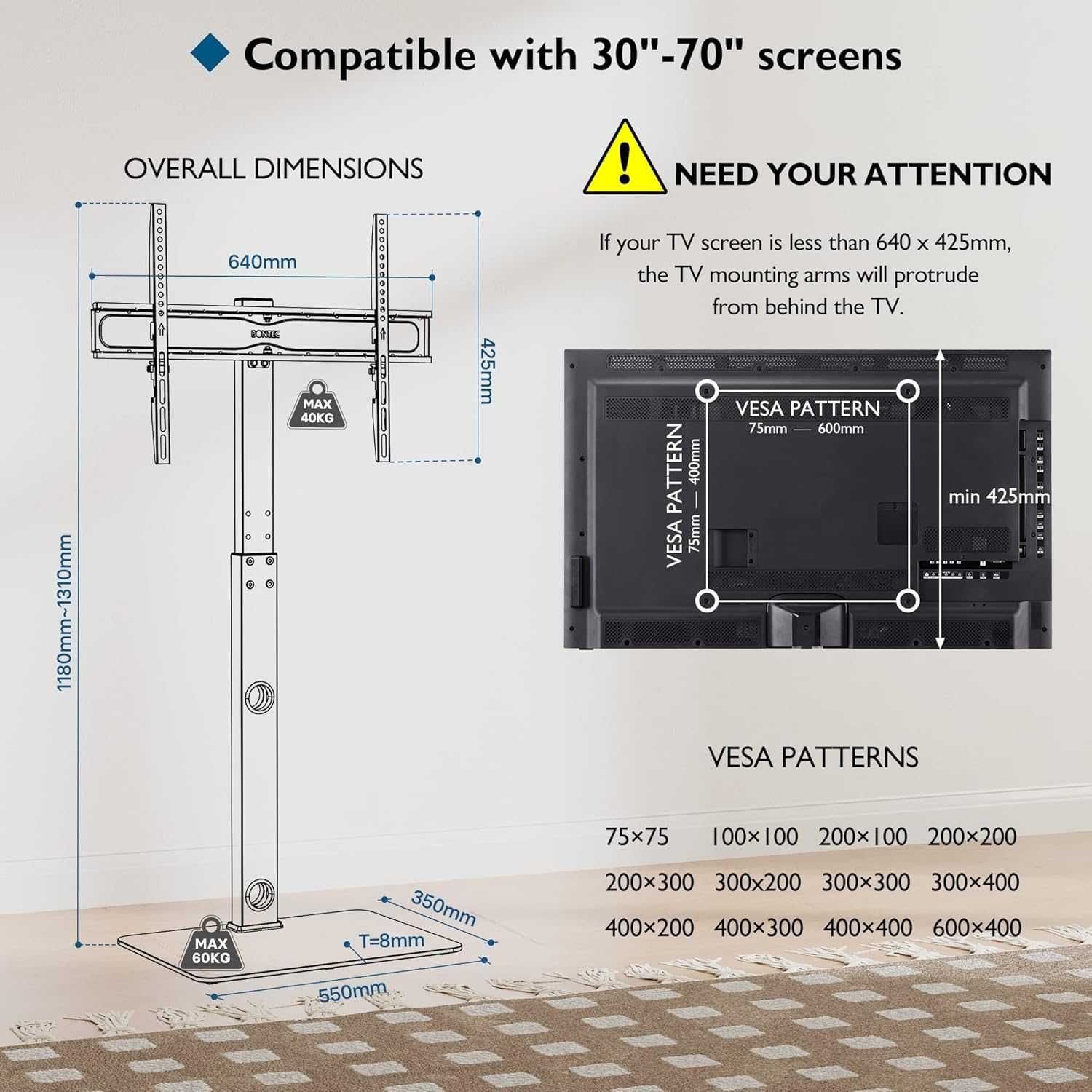 Регулируема TV стойка за 30-70 телевизори Bontec въртяща се, Max 40 кг