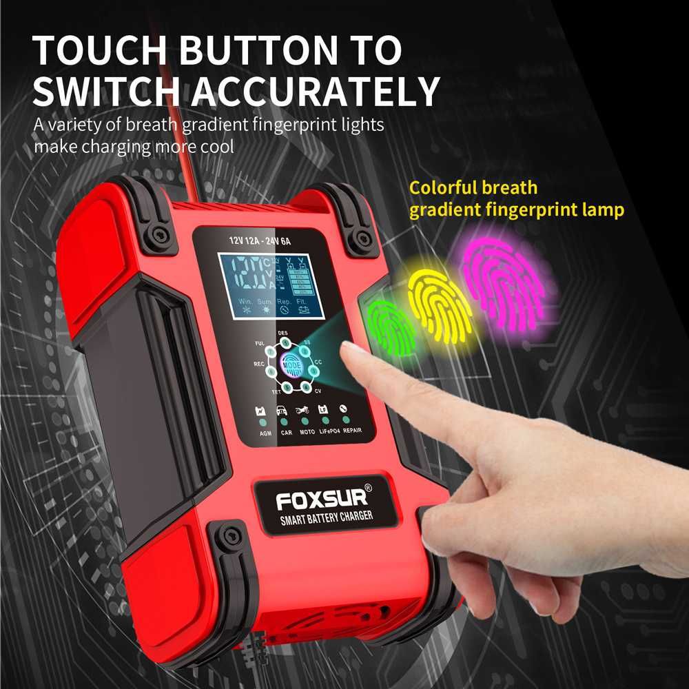 Интелигентно СМАРТ зарядно FOXSUR, с цифров дисплей,12V / 12A, 24V /6A