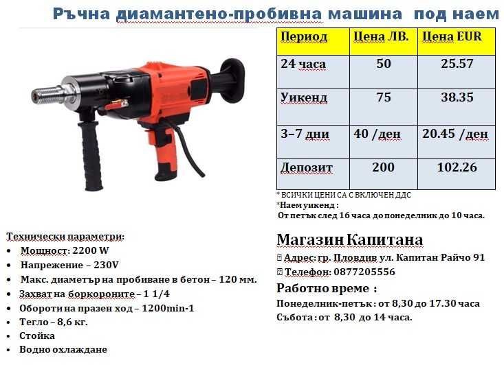 Ръчна машина за боркорони до 180мм. под наем