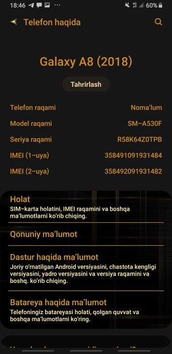 Samsung A8 2018 tel sotiladi sroshni  32 tel idialni holati alo daraja