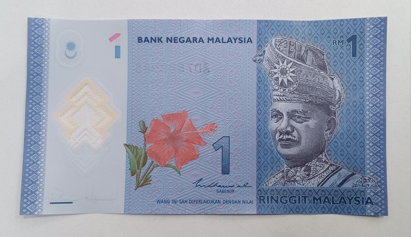 Две банкноти 1 рингит Малайзия хартиена и полимерна банкнота