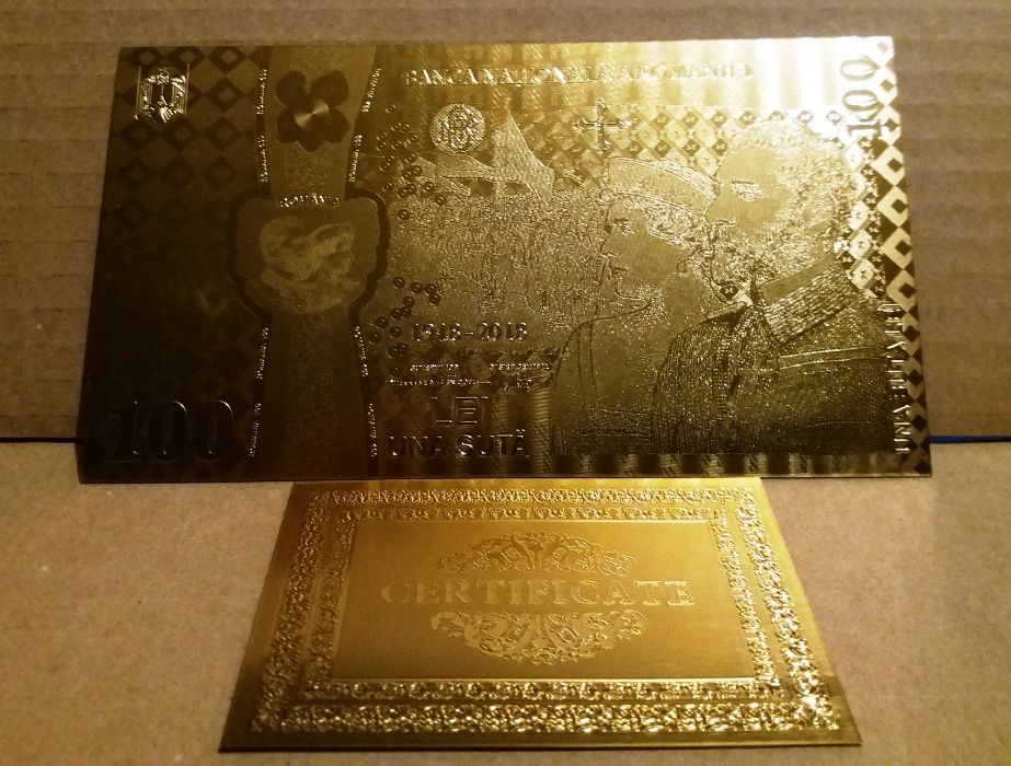 Bancnota 100 LEI Unire Centenar aur 24k gold certificat 2018 colectie