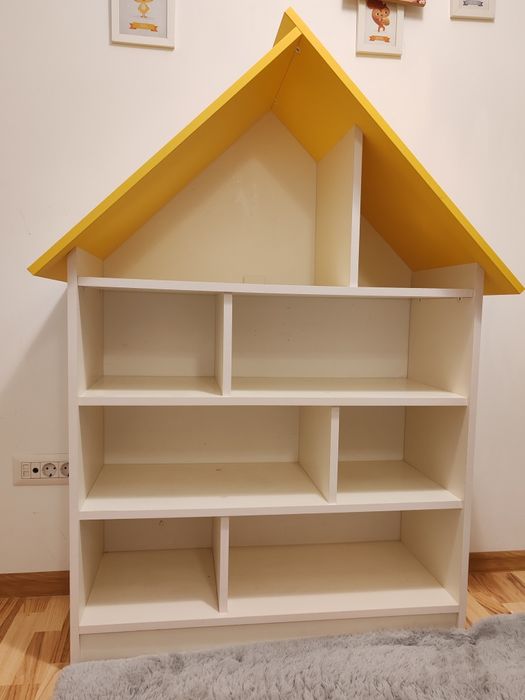 Etajeră căsuță cameră copil din pal, galben/alb, 4 polițe,1.20 x 92 cm