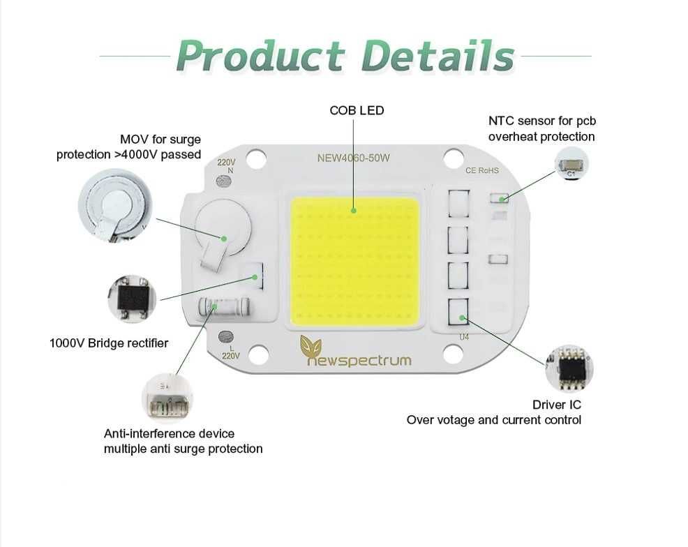 Led Cob Chip 50W AC 220V lumina rece calda neutra