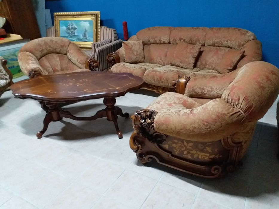 Set baroc 2 fotolii si canapea matase lemn sculptat Italia stil antic