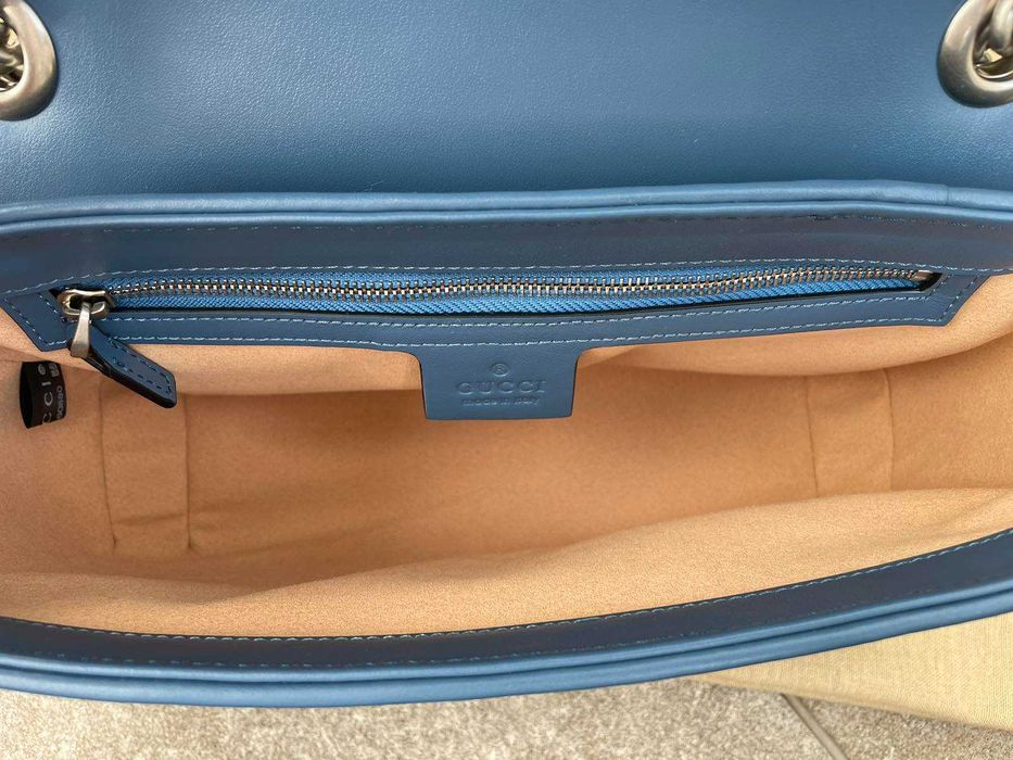 Geanta Gucci din piele albastra autentica Gucci Marmont, maner si lant