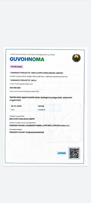 Кучли лицензияга эга, тўлиқ фаолият юритишга тайёр "USMANOV PROJECTS"