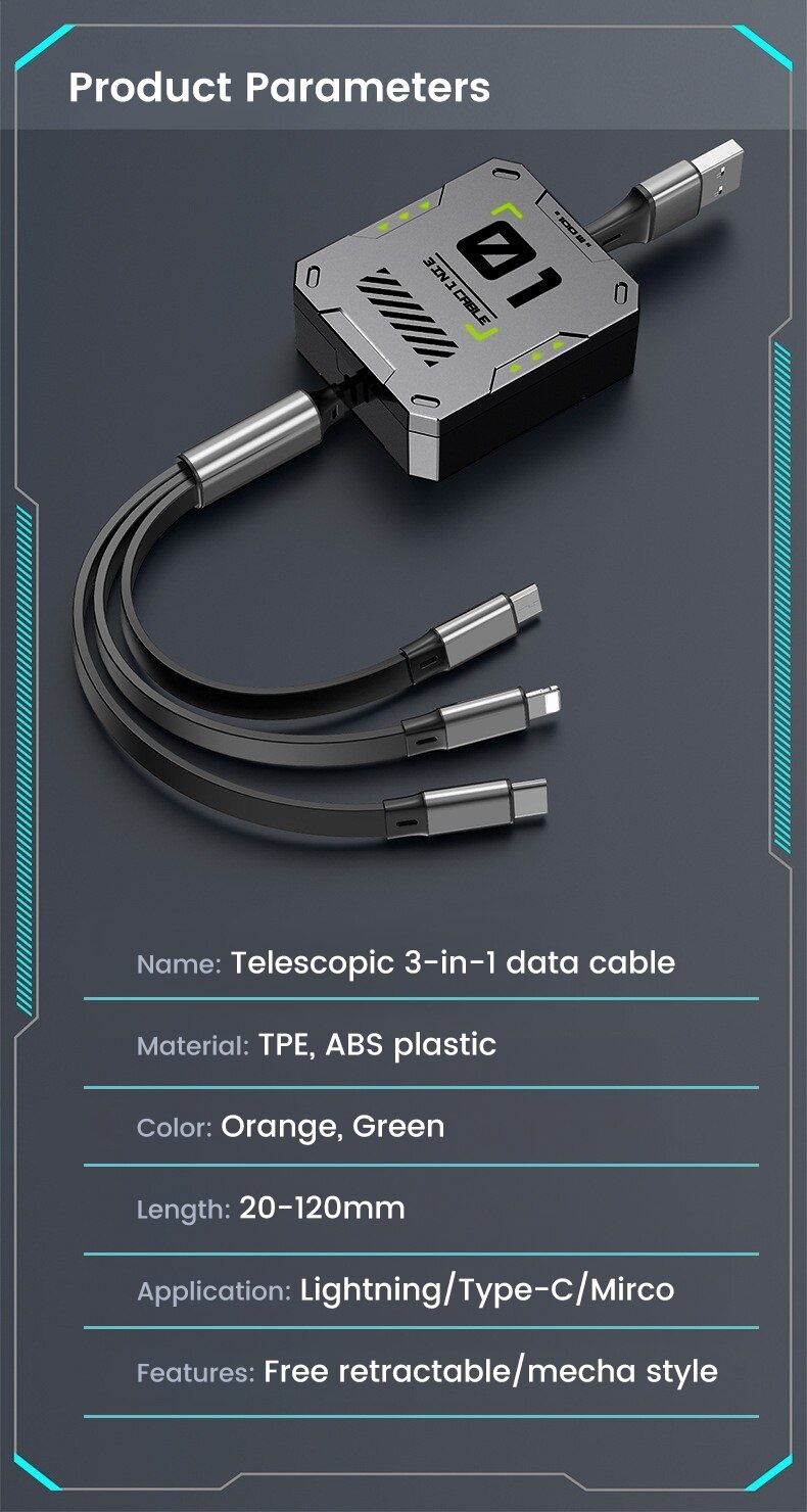 Cablu încărcare/date 3în1: IOS, tipC, Micro. Retractabil. 100W fast ch