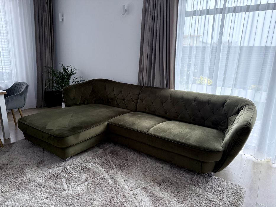 Canapea catifea verde, extensibil + lada depozitare