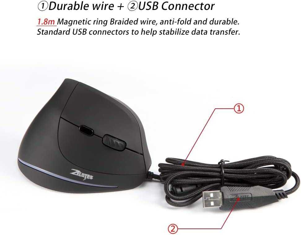 Вертикална мишка,ергономична Zelotes T20,LED оптична USB кабелна мишка
