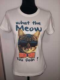 Tricou alb cu pisică șmecheră What the meow you doin?