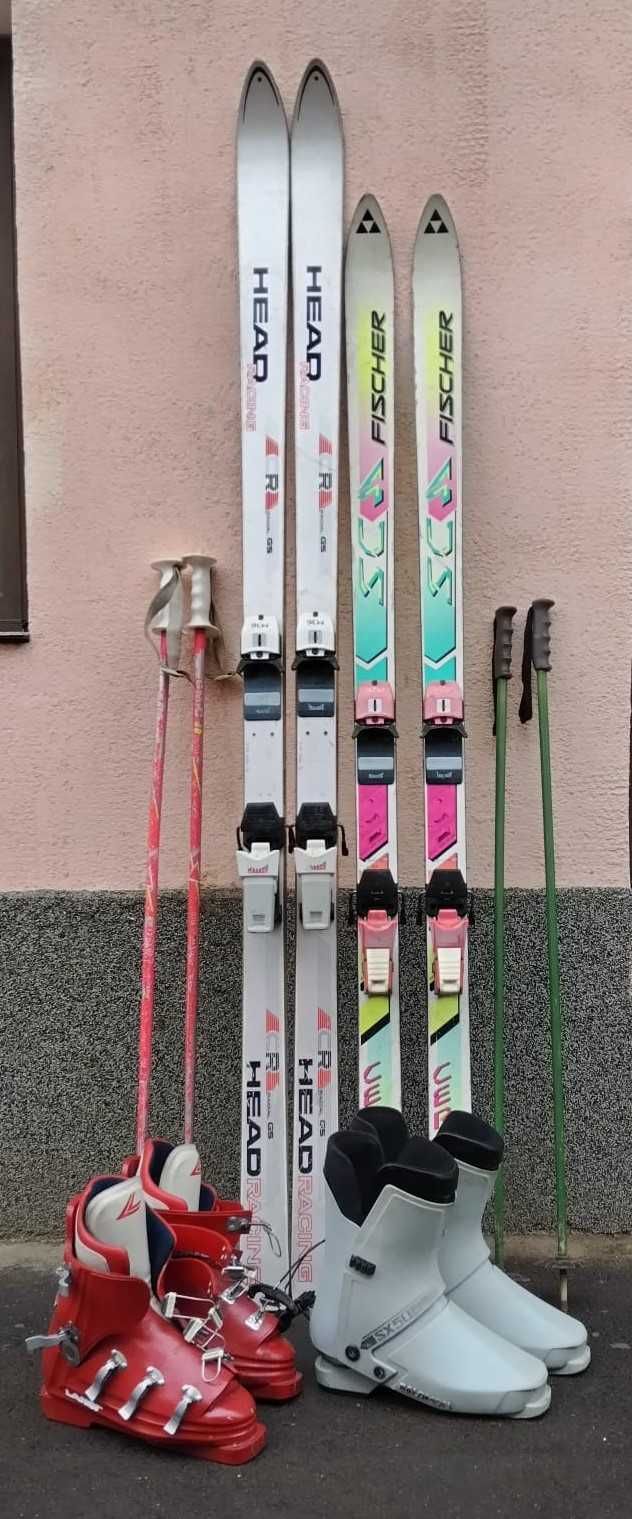 2 seturi: schiuri Head/Fisher + clăpari Salomon/Fisher + bețe