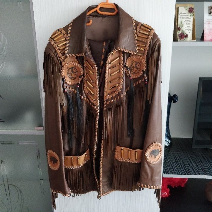 Costum piele cu franjuri si impletituri Handmade marime 52-54 unicat
