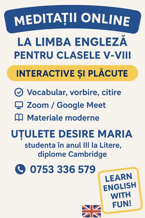Meditatii online la limba engleza pentru clasele V-VIII - interactive
