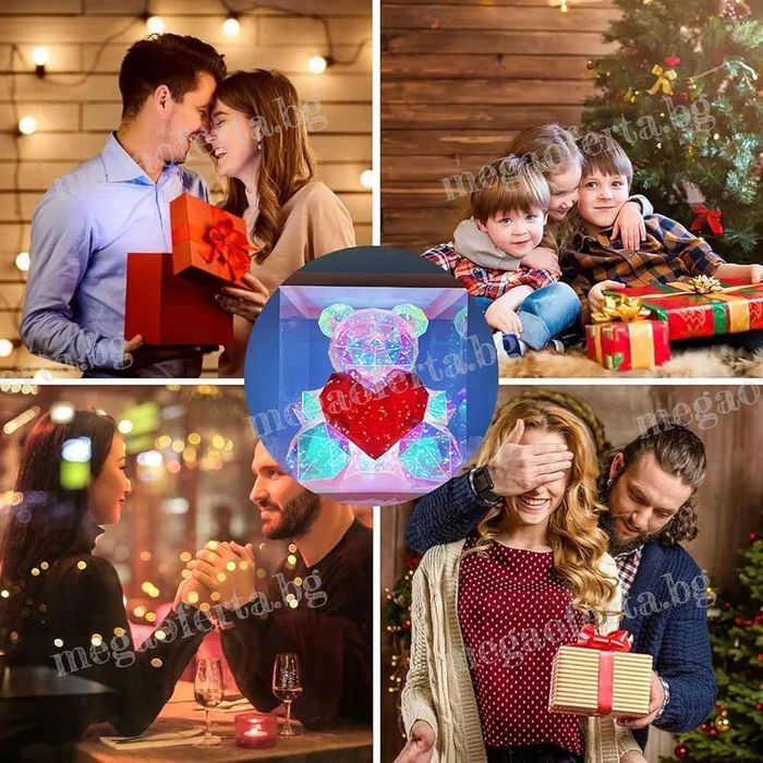Светещо 3D Led Мече със Сърце в Луксозна Кутия с Панделка