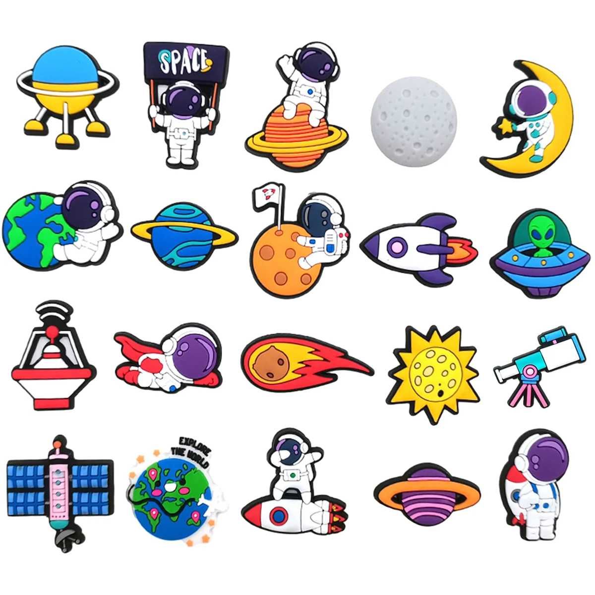 Set 20 Pini PVC Accesorii pentru Crocs Saboti Jibbitz, Model Astronaut