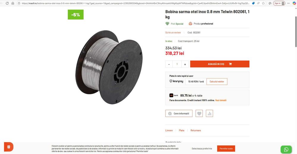Sârmă inox Telwin, cod 802061 – 1 kg, 0,8 mm