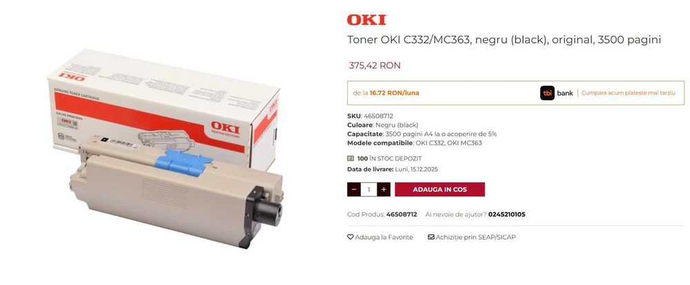 Set Cartuse - Toner original OKI C332/ MC363:Black,Yellow,Magenta,Cyan
