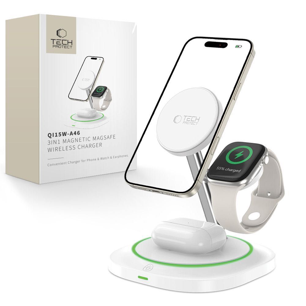 3в1 Магнитно Безжично Зарядно -Tech Protect QI15W-A46