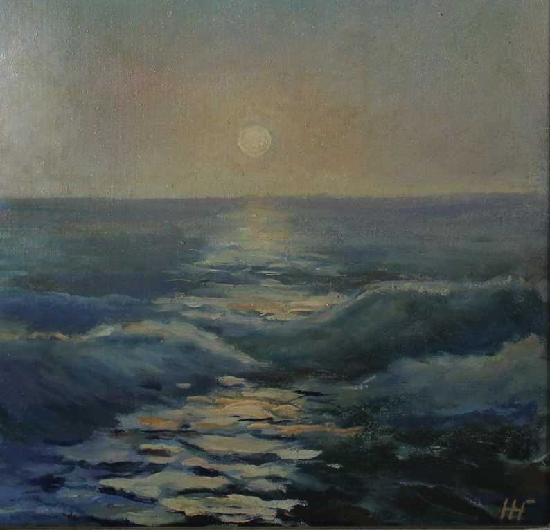 Лот две стари картини море, Нощ и Изгрев, платно маслени бои