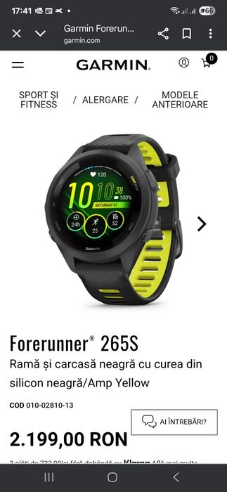 Ceas Garmin Forerunner 265S pentru alergare