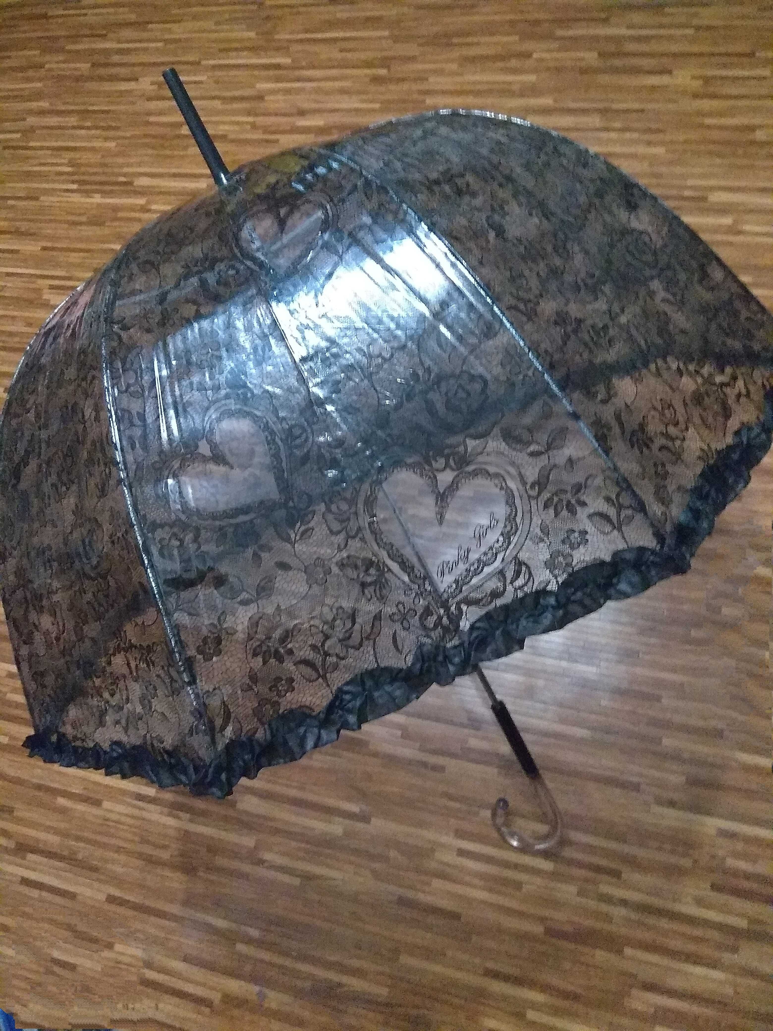 Прозрачный женский зонт-трость полуавтомат с кружевом